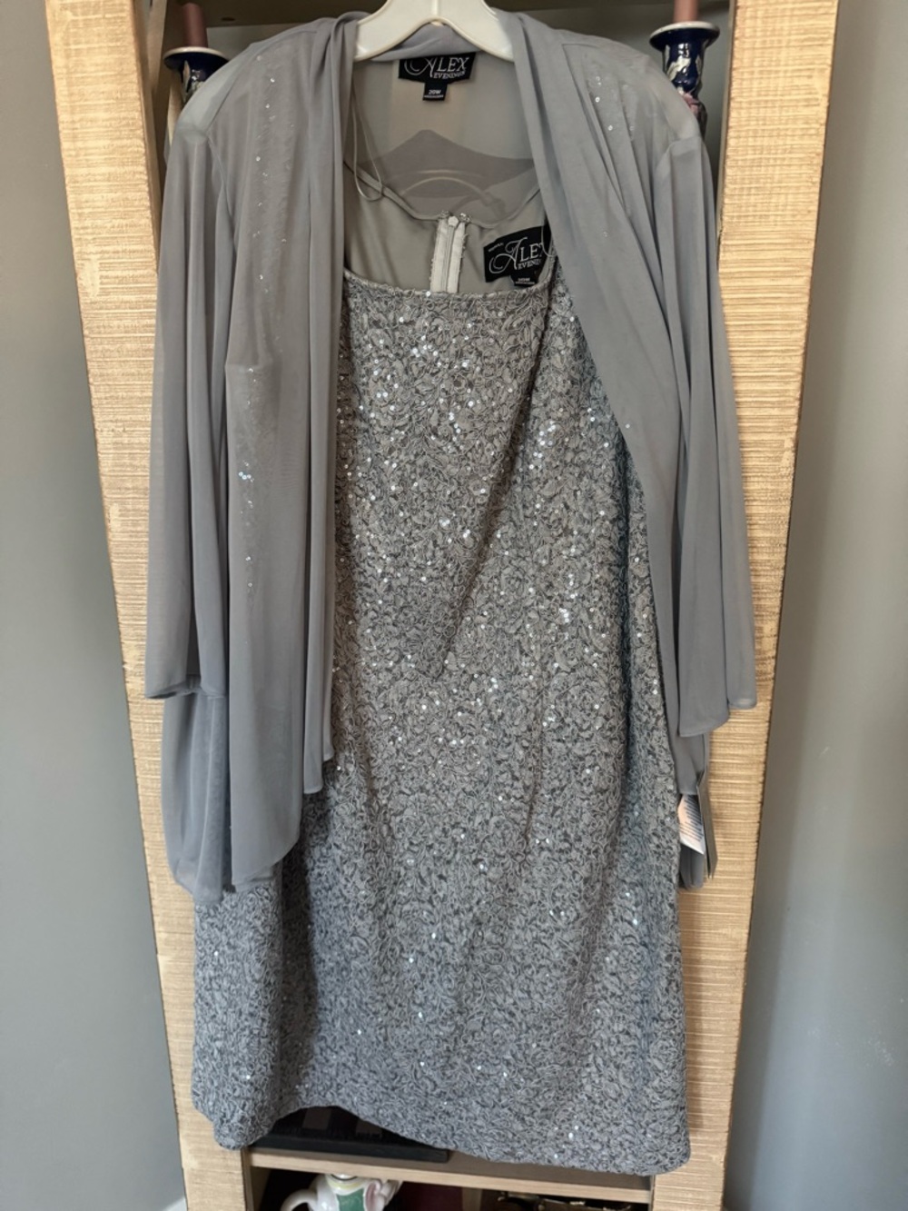 Alex Evenings Silver Gray Sequin Midi Dress with Shawl